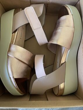 Naked Feet Metallic Rose Gold and Light Green Platform Sandals